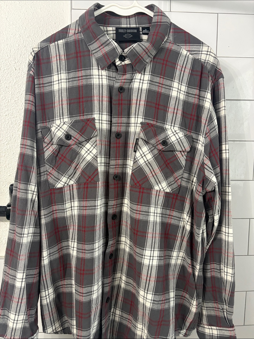 Harley-Davidson Gray, White & Red Plaid Button-Down Shirt